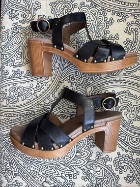 Dansko Black Leather Platform Sandals with Wood-Effect Heel
